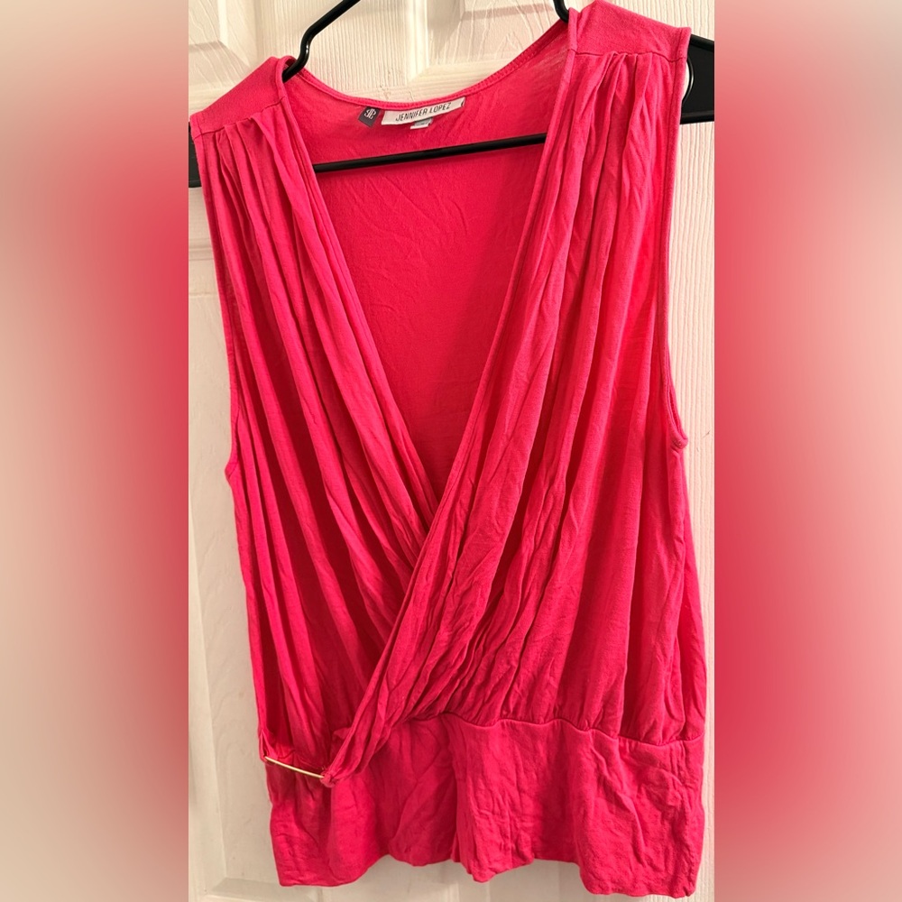 Jennifer Lopez Vibrant Pink Draped Blouse with gold name plate Size Medium